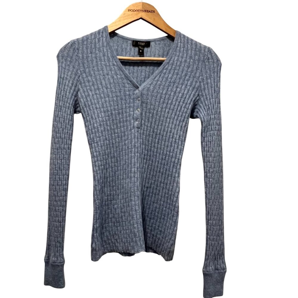 Aqua Cashmere Long Sleeve Henley V-Neck Sweater, Blue, M